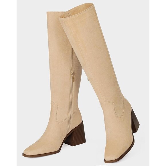 Women Nude Polyurethane Knee High Square Toe Side Zipper Block Heel Tall Boots - Picture 5 of 8